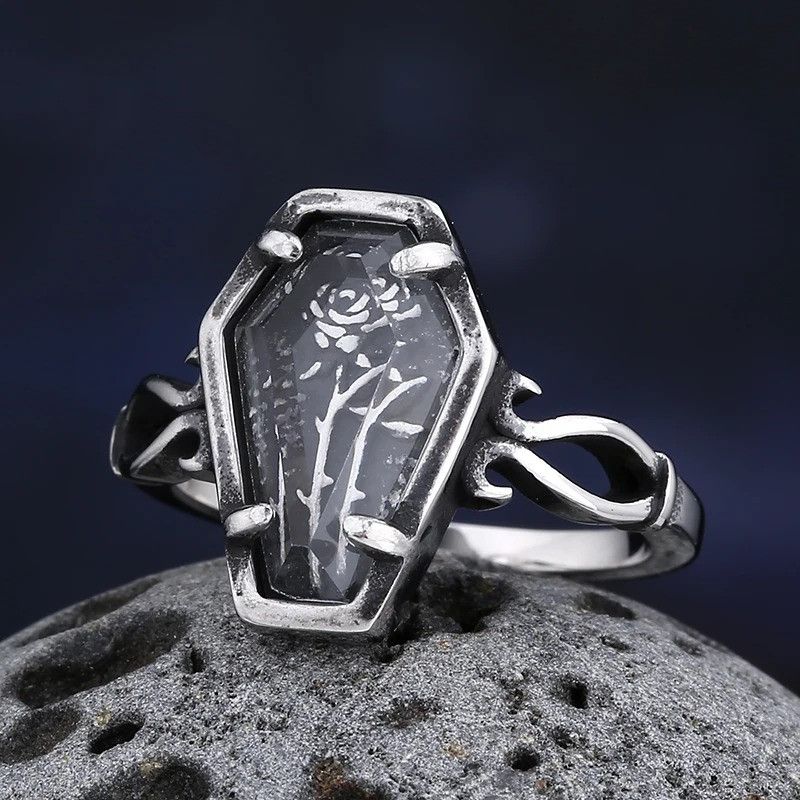Vintage Coffin Ring With Flower And Glass Size ONE SIZE - 4 Thumbnail