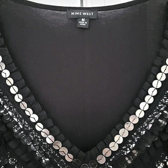 Nine West Black/Silver Sequin-Striped Ruffle Trim V-Neck Tank Glam Size M / US 6-8 / IT 42-44 - 7 Thumbnail