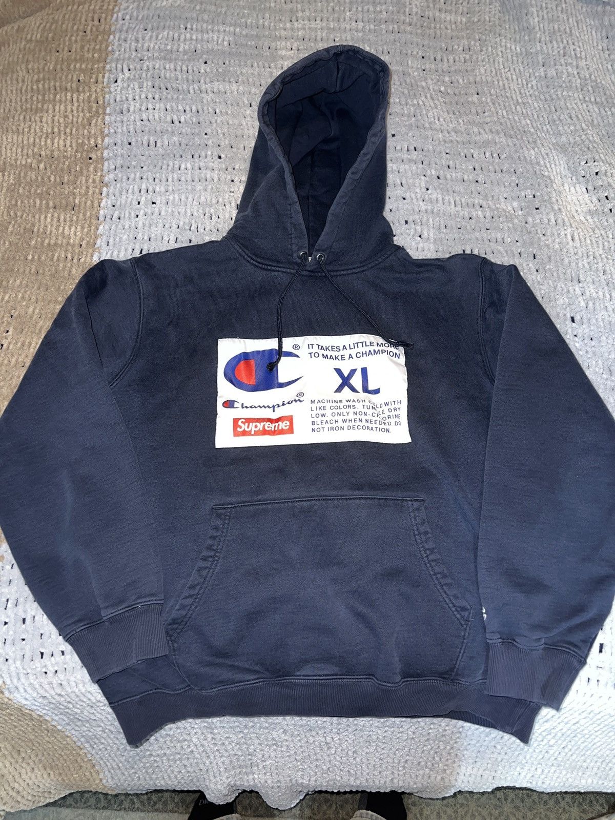 image of Supreme Champion Label Hoodie in Navy, Men's (Size XL)