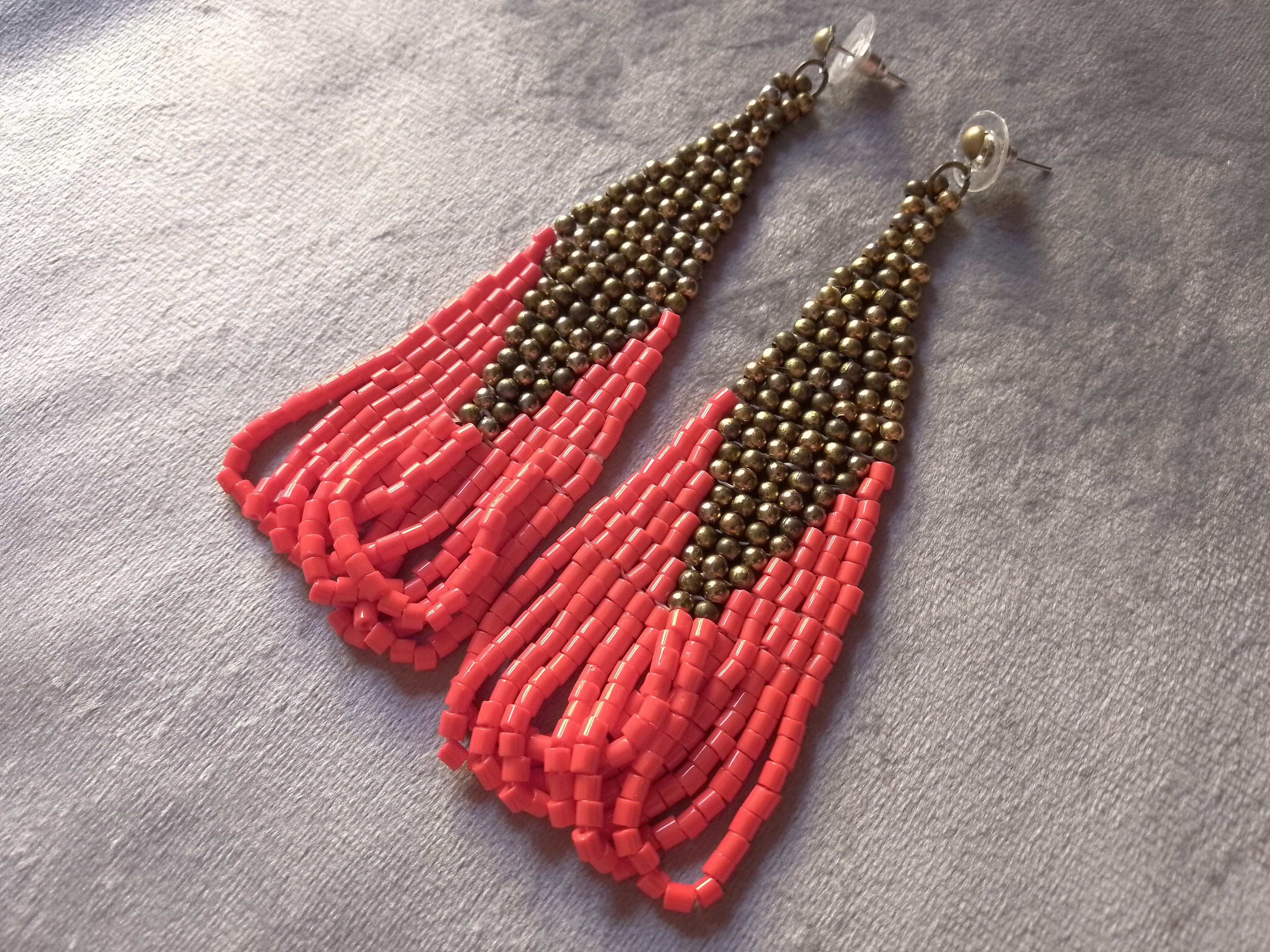 Handmade Earrings Antique Brass Red Glass Long Embroidered Elegant Size ONE SIZE - 2 Thumbnail