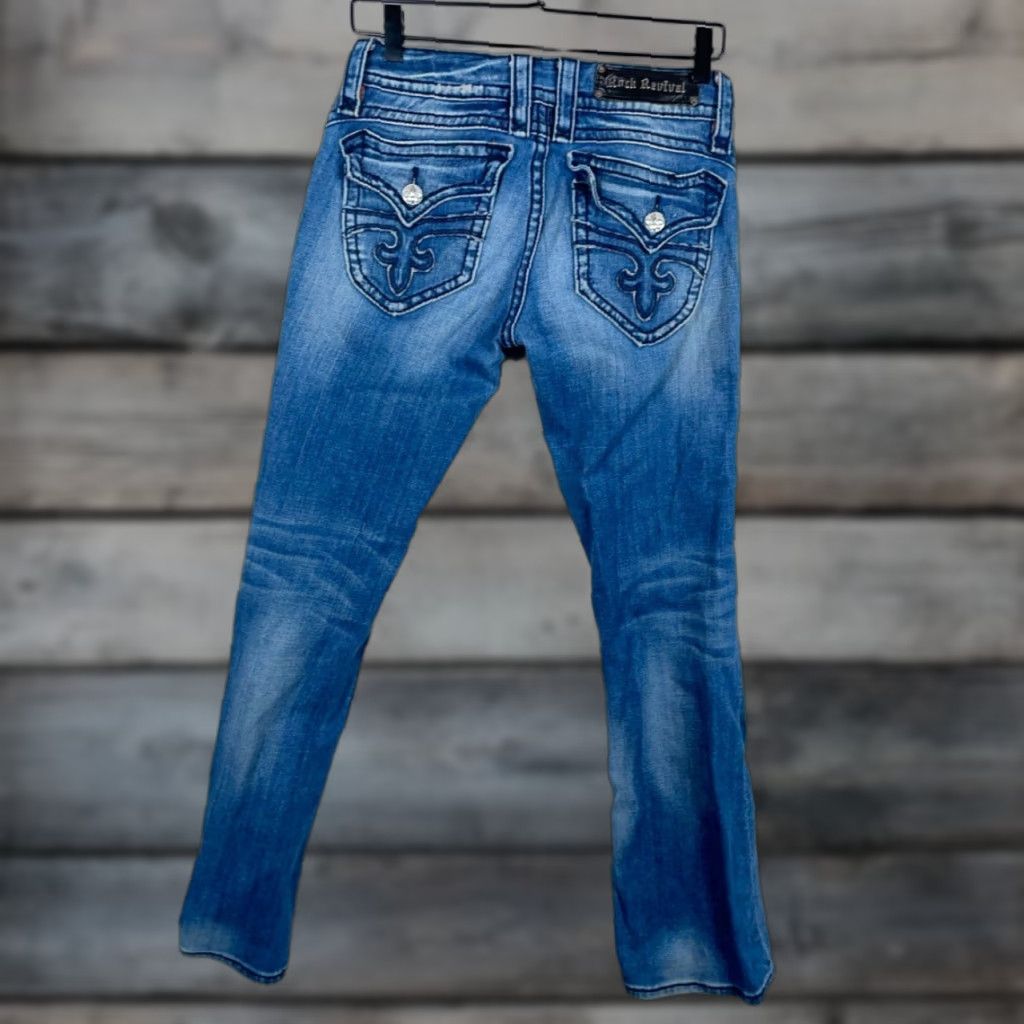 Vintage Rock Revival Patti Boot Cut Jeans Women's 28 Dark Blue Denim Stretch Flap Pocket 5-Pocket Design Regular Inseam 30"} Size 28" / US 6 / IT 42 - 1 Thumbnail
