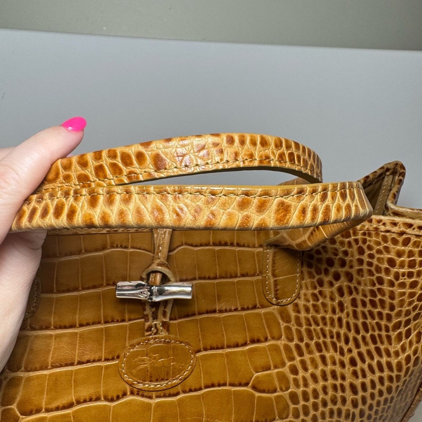 Longchamp Croc Embossed Leather Roseau Tote Bag