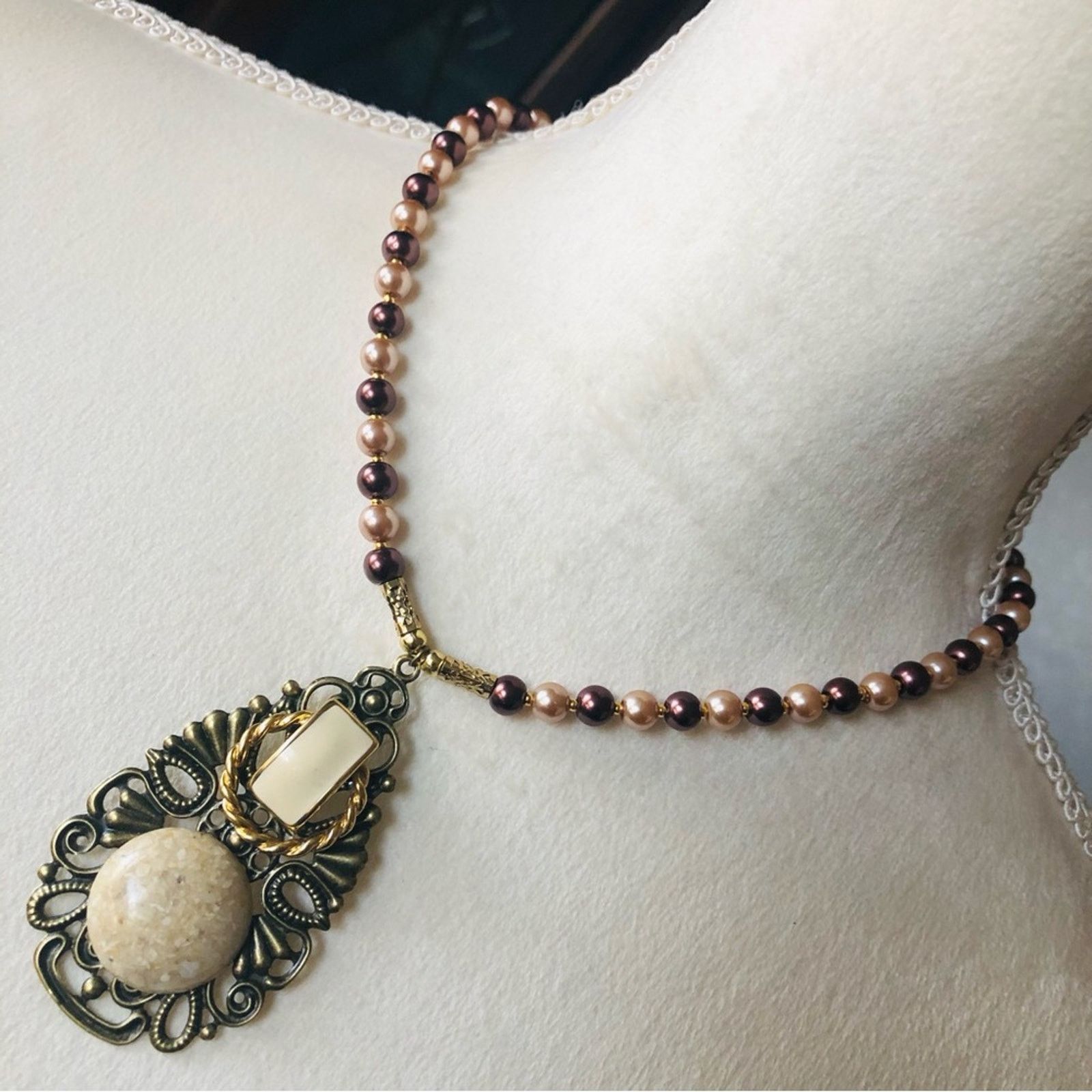 Handmade Handcrafted repurpose filigree pendant Czech Pearl necklace Size ONE SIZE - 1 Thumbnail