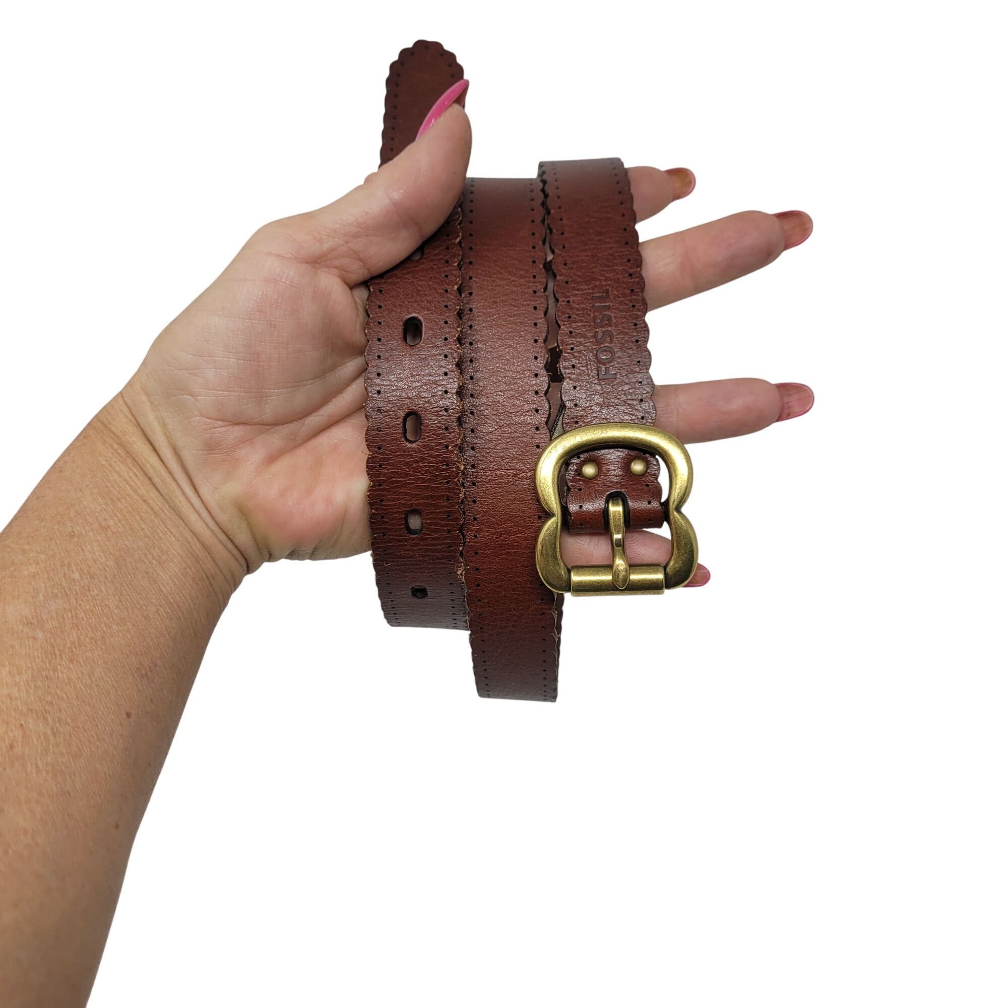 Fossil Vintage Fossil Womens Brown Leather Belt L Scalloped Perfora Size ONE SIZE - 15 Thumbnail