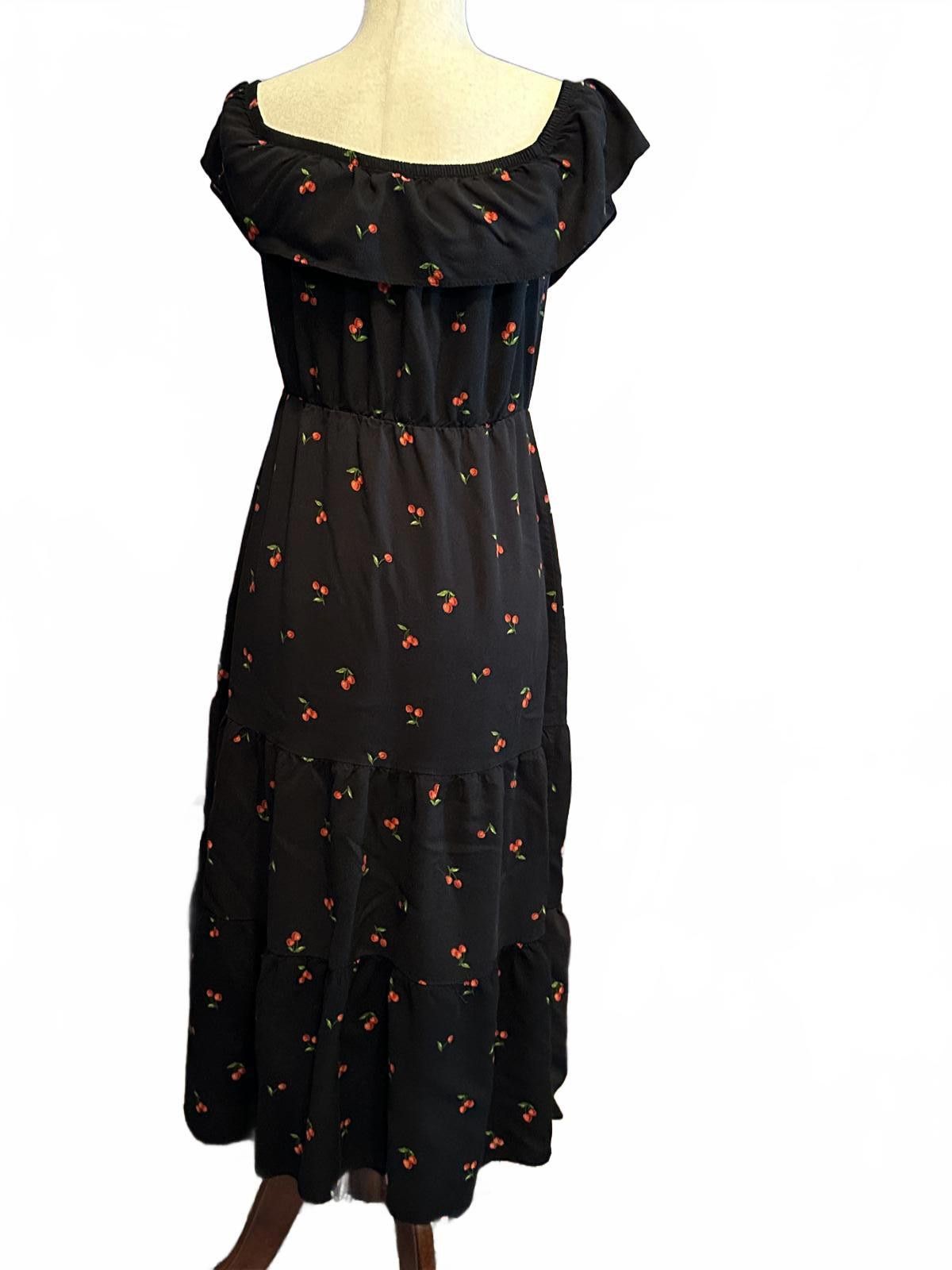 Other Soprano Black Dress with Cherry Print and Ruffled Neckline Size L / US 10 / IT 46 - 3 Thumbnail