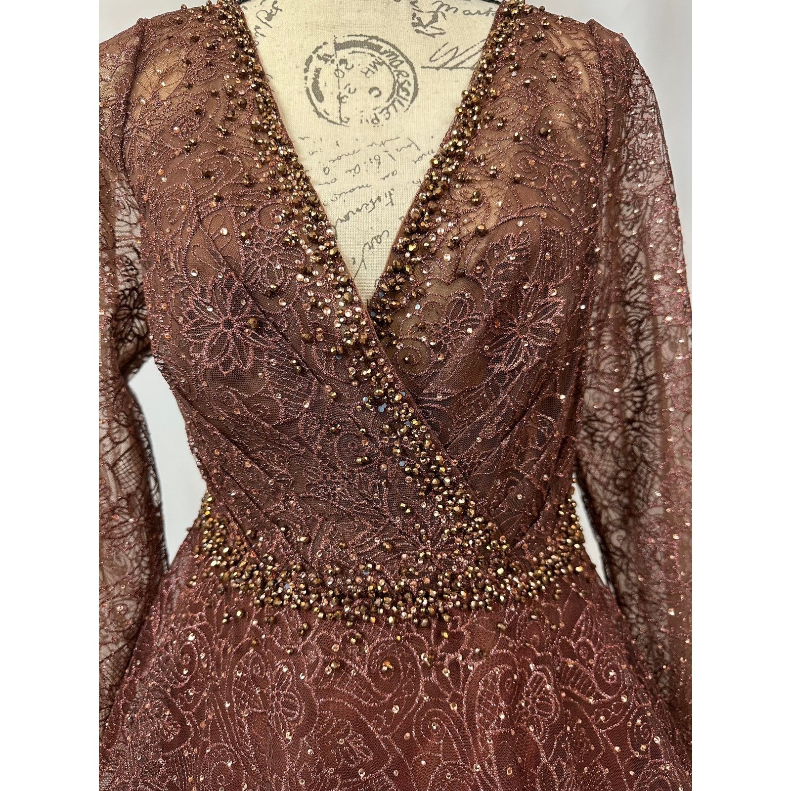 Other Mac Duggal Embellished Illusion V-Neck Gown Chocolate 12 Size XL / US 12-14 / IT 48-50 - 16 Thumbnail