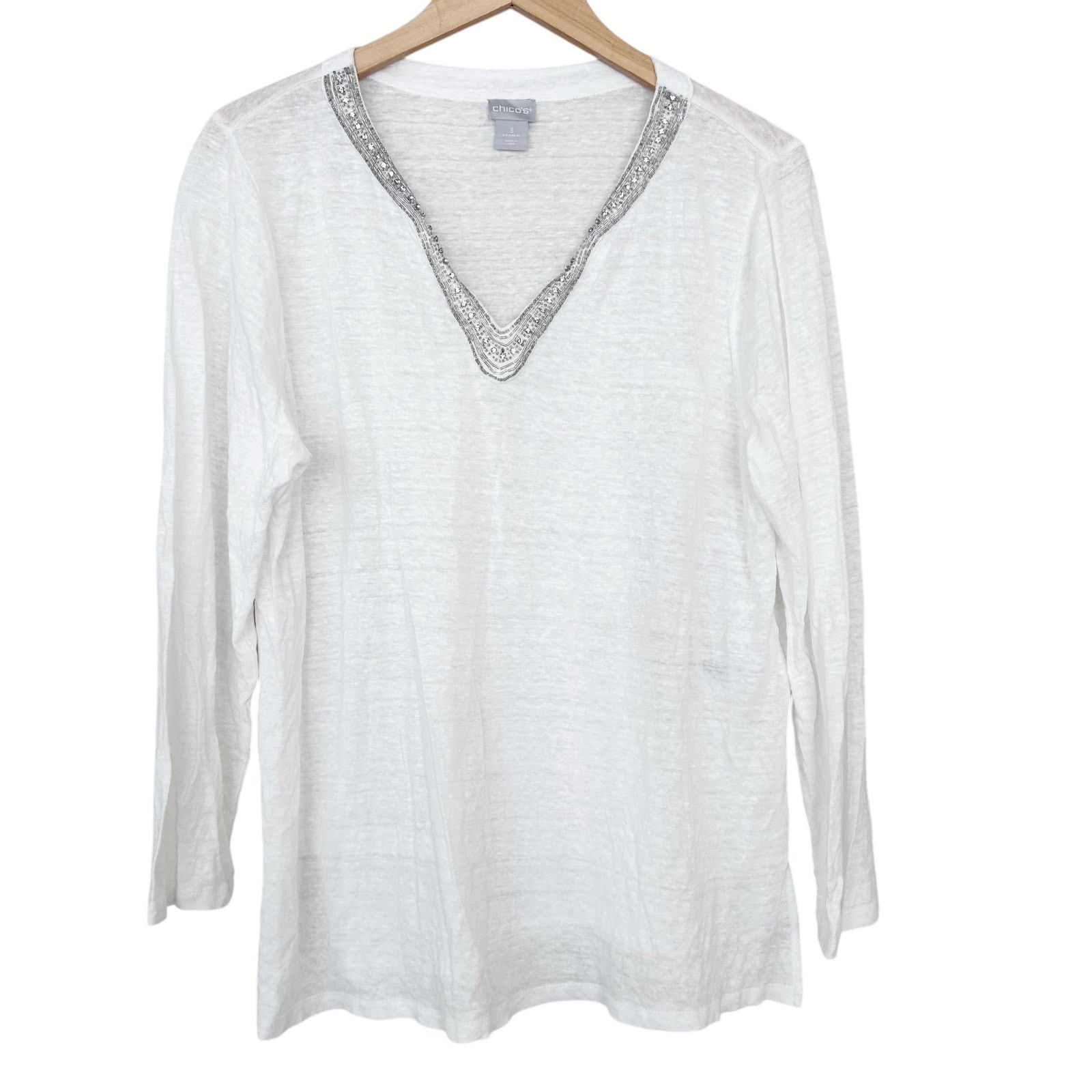 Chicos Chicos Beaded 100% Linen Split Neck Long Sleeve Shirt XL Size XL / US 12-14 / IT 48-50 - 1 Thumbnail