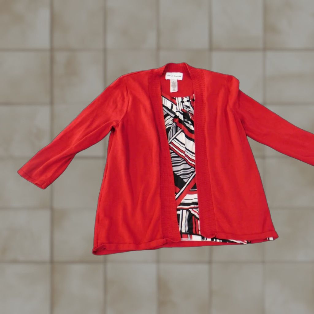 Vintage Alfred Dunner Sweater Womens Regular Small Red Geometric Knit Crew Neck Raglan Sleeve Stretch Cotton Rayon Spandex Cardigan Vintage No N/A Size S / US 4 / IT 40 - 1 Thumbnail