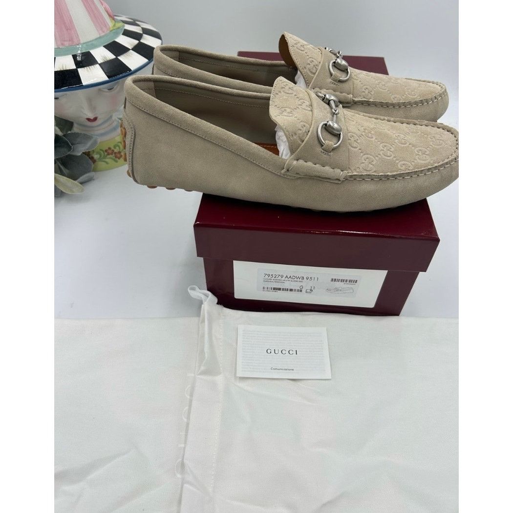Men’s Gucci suede oatmeal horse bit driver loafers size 9 fits 10US Men main image 3