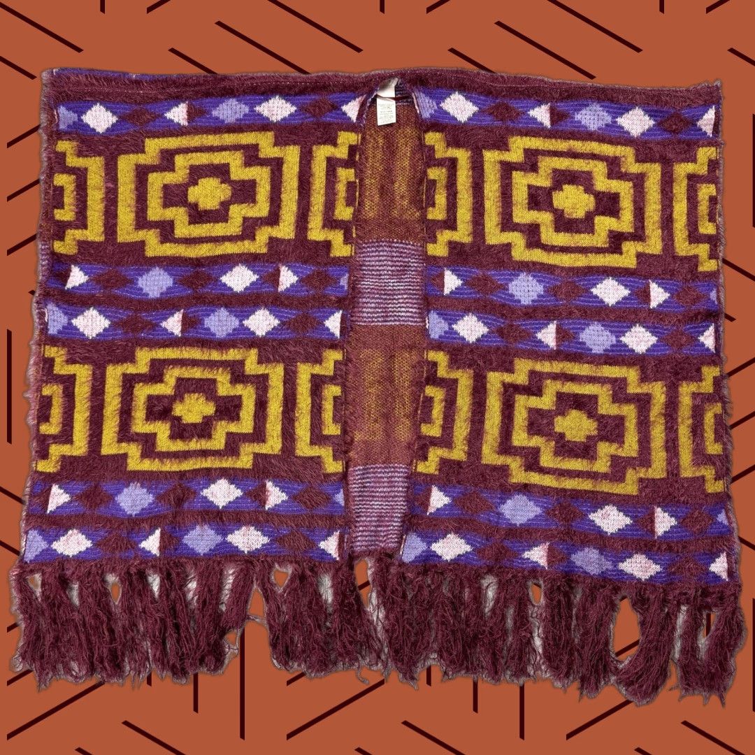 Free People FREE PEOPLE Boho Geometric Kimono Poncho Sweater One Size Purple Yellow Womens Size ONE SIZE - 1 Thumbnail