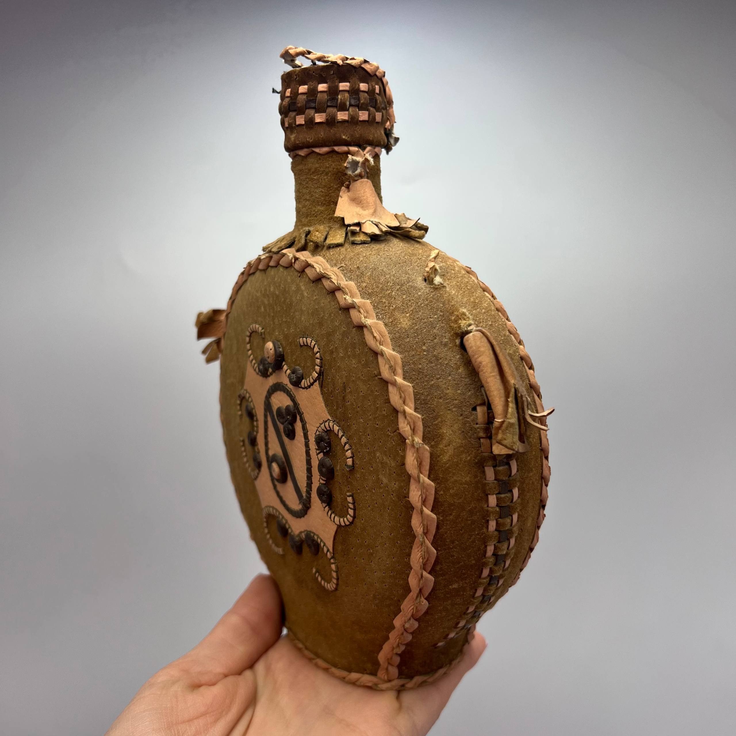 Vintage Handmade Leather Wrapped Glass Bottle 43 cm Vintage Folk Art Size ONE SIZE - 4 Thumbnail