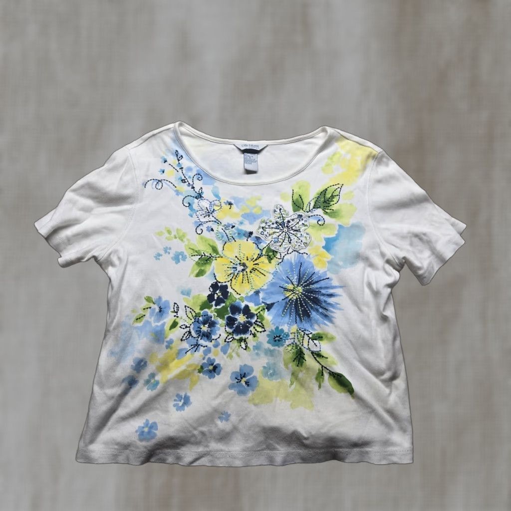 Vintage Koret Floral Short Sleeve Pullover Top Adult Women's M Blue City Theme Size M / US 6-8 / IT 42-44 - 1 Thumbnail