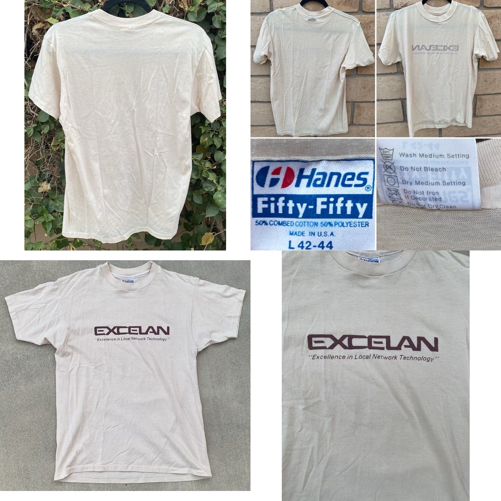 Hanes VINTAGE Hanes T-Shirt Beige 80s Nerd Graphic Print Excelan Excellence In Local Network Technology Men L Adults Short Sleeve Cotton Blend Size US L / EU 52-54 / 3 - 9 Thumbnail