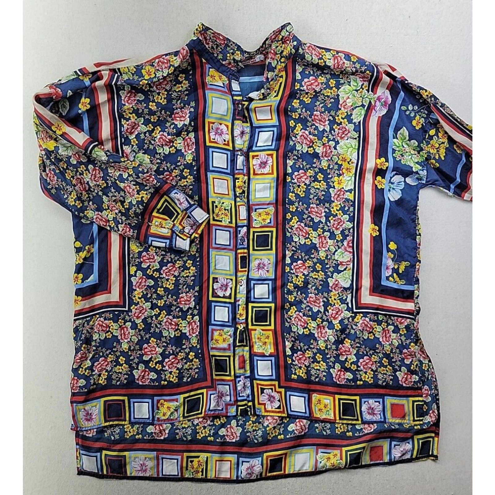 image of Johnny Was Peach Delphine Silk Printed 3/4 Sleeve Blouse Boho Chic C14320 - L in White, Women's (Si