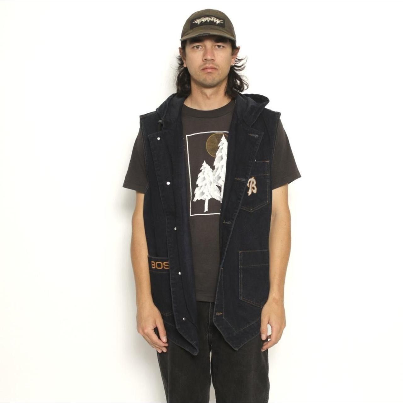 Vintage NAVY BLUE HOODED BUTTON UP DENIM VEST BY BOSS Size US XL / EU 56 / 4 - 1 Thumbnail