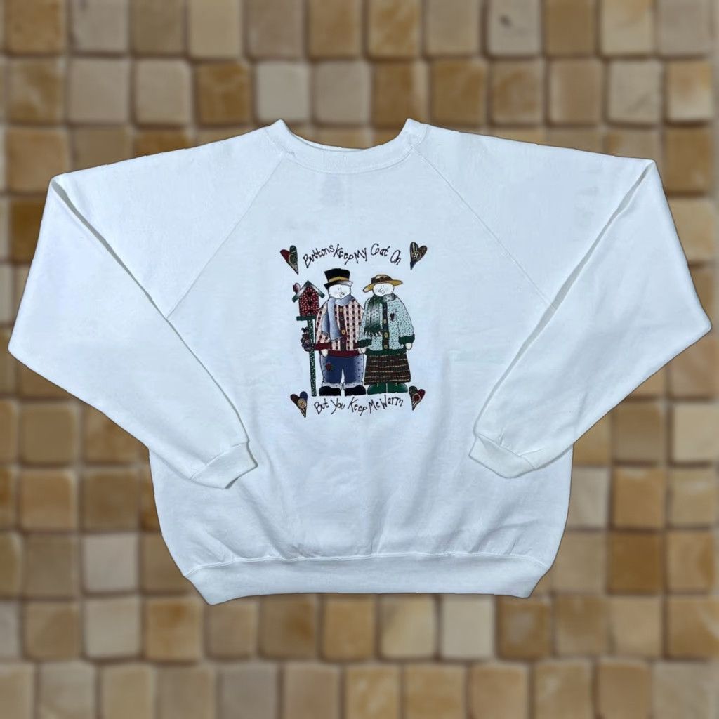 Vintage Hanes Buttons Keep My Coat On Cottage Core Graphic Sweatshirt Womens L White Size L