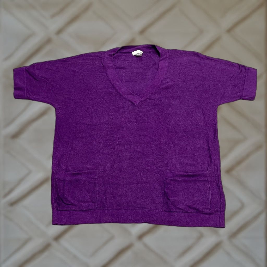 Vintage Chico's Sweater Shirt Womens M Purple V-Neck Short Sleeve Knit Pocket Casual Knitwear Regular Fit Pullover Housewears Size M / US 6-8 / IT 42-44 - 1 Thumbnail