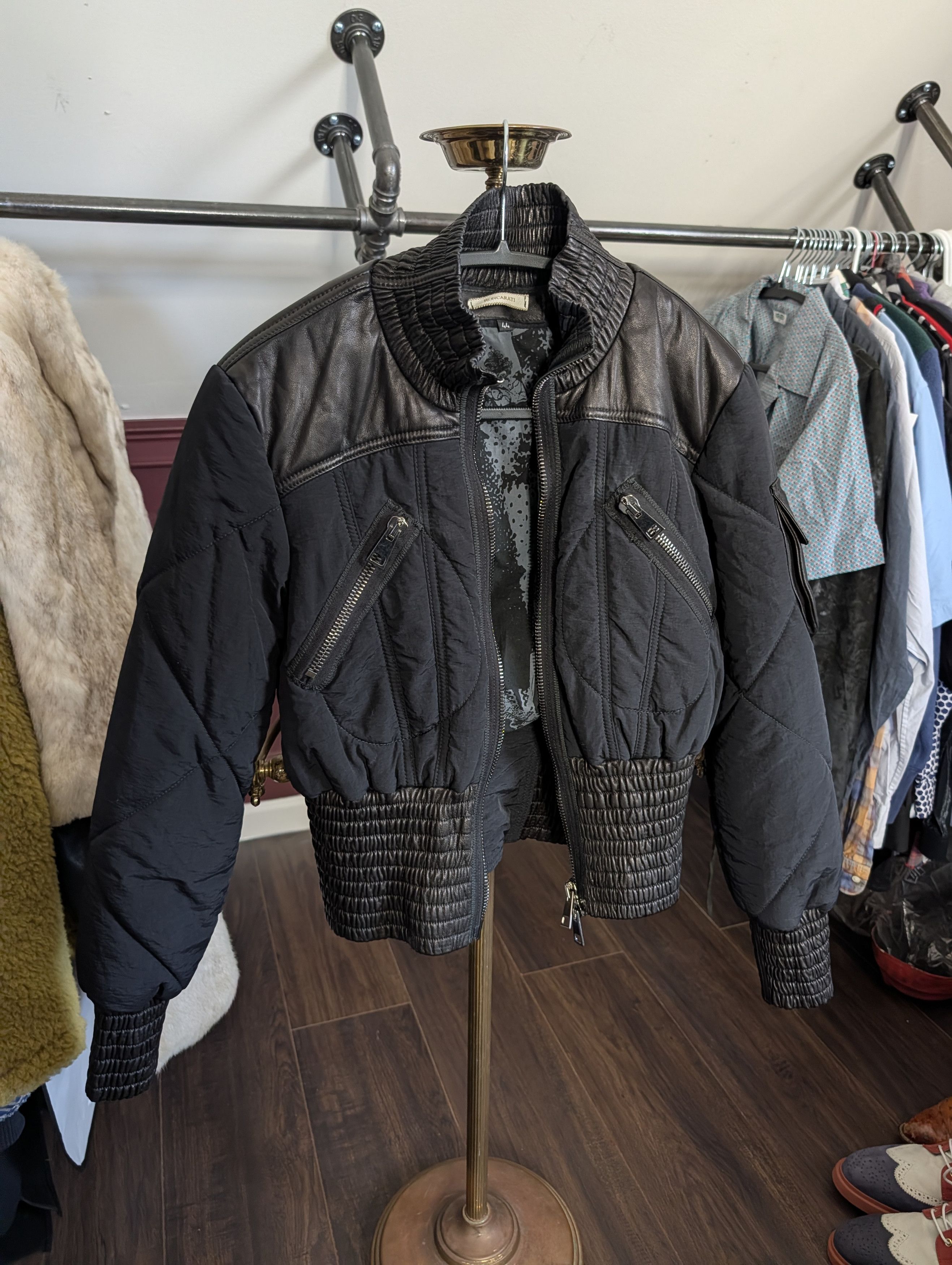 Italia Independent RONCARATI Lamb Leather Quilted Nylon Cropped Bomber Size M / US 6-8 / IT 42-44 - 19 Thumbnail