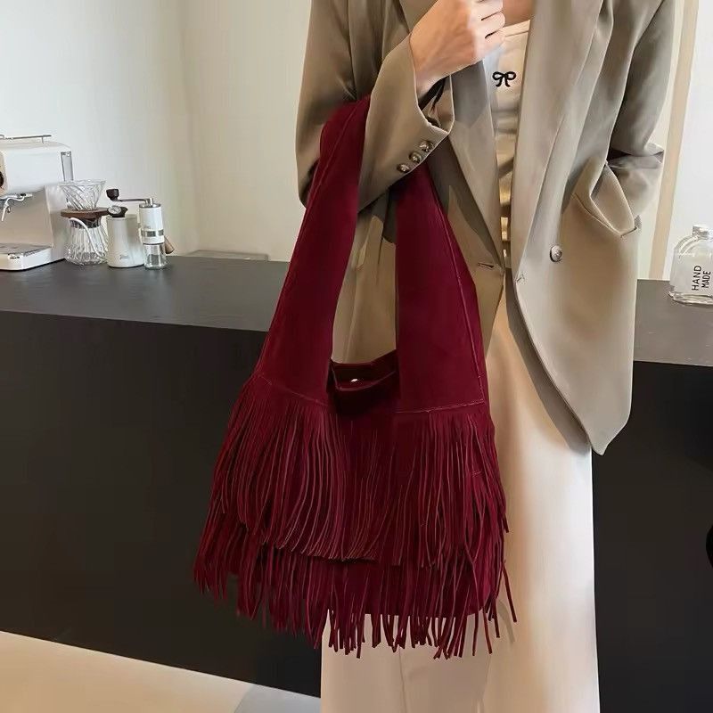 Designer × Vintage Boho Faux Suede Retro Shoulder Frosted Fringe Bag Size ONE SIZE - 2 Thumbnail