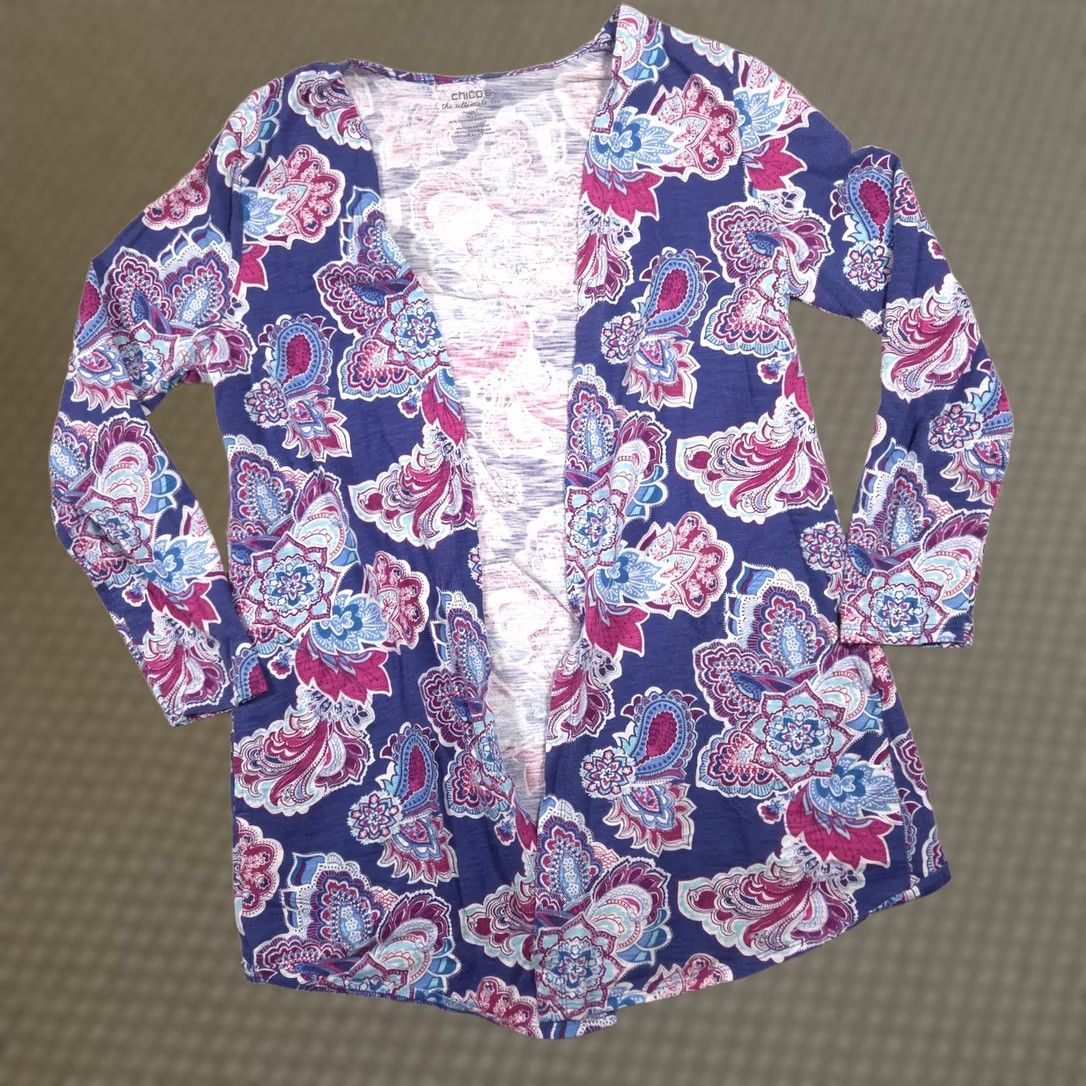 Vintage Chico's Shirt Womens 1 Blue Paisley Open Front Long Sleeve Tunic Top Stretch Shirt Mens? Size XS / US 0-2 / IT 36-38 - 1 Thumbnail
