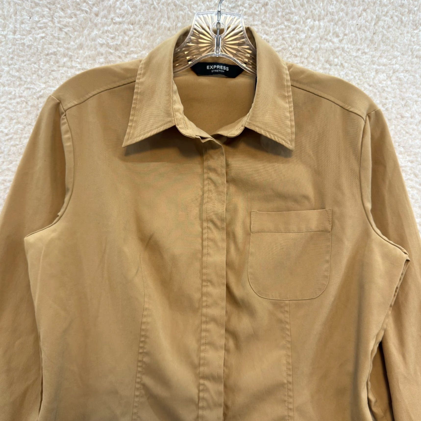 Express VINTAGE Y2K Express Dress Shirt Medium Khaki Tan Button Blouse Corpcore Career Shirt M Beige Mens/Boys? Size M / US 6-8 / IT 42-44 - 3 Thumbnail