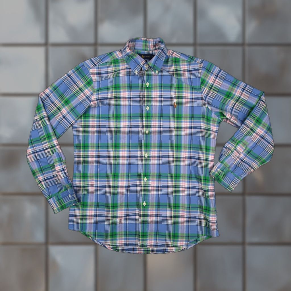 Ralph Lauren Shirt Mens M Blue Plaid Classic Fit Button-Down Long Sleeve Embroidered Polo Pony Cuff Hem Vintage? No Tag? (omit)
