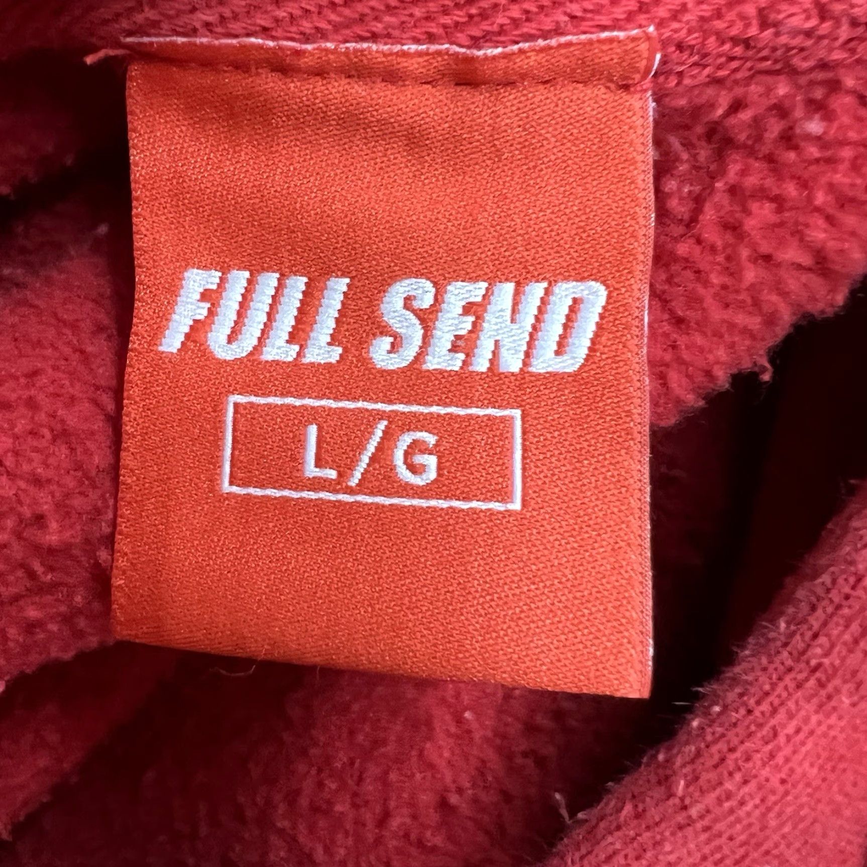 Vintage Full Send Rona Season Hoodie Sweatshirt Mens L Red Graphic Print Pullover Hooded 54in Chest Comfort Fleece Winter/Autumn 90s? Size US L / EU 52-54 / 3 - 6 Thumbnail