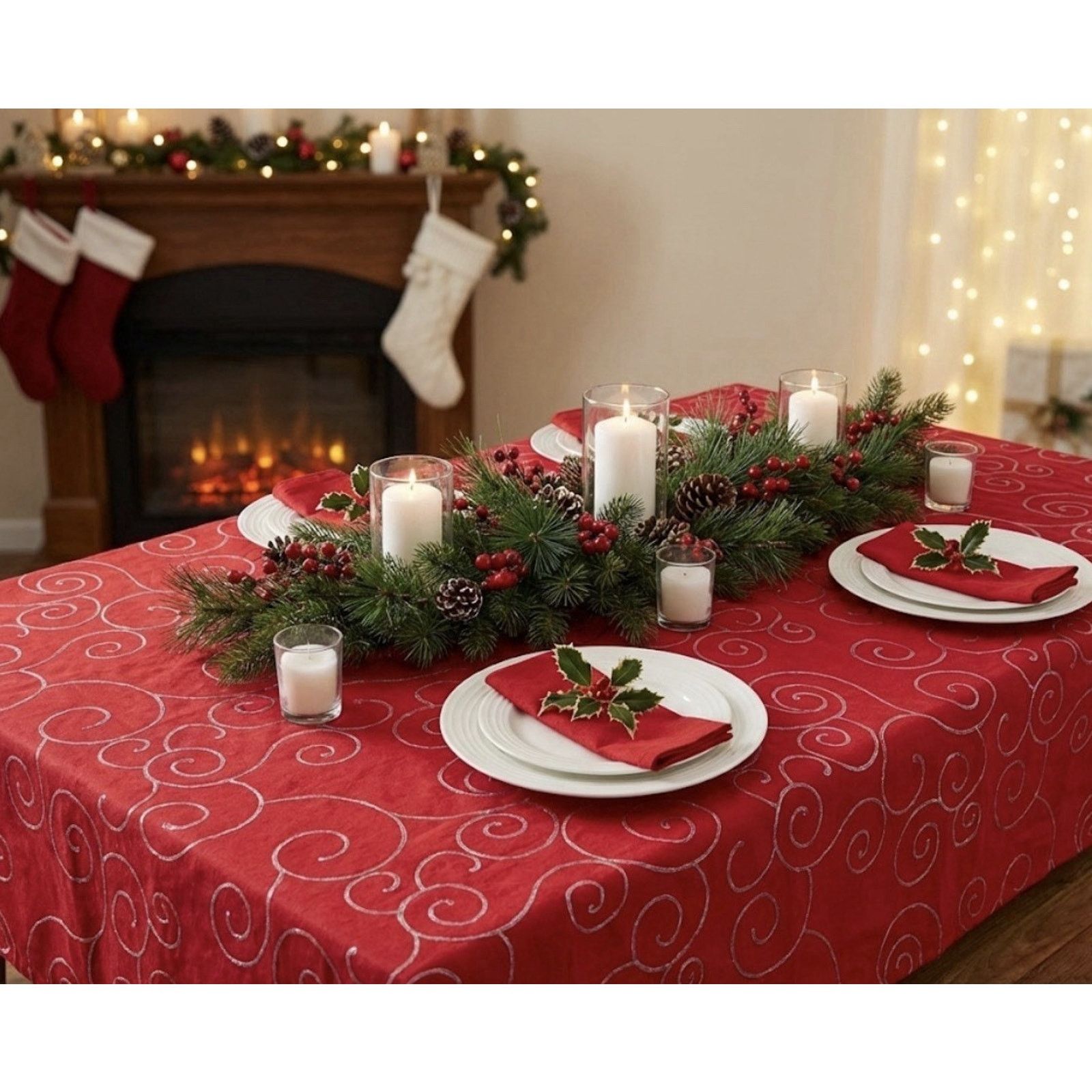 Other Red & Silver Sparkle Rectangle Christmas Theme Tablecloth Size ONE SIZE - 1 Thumbnail