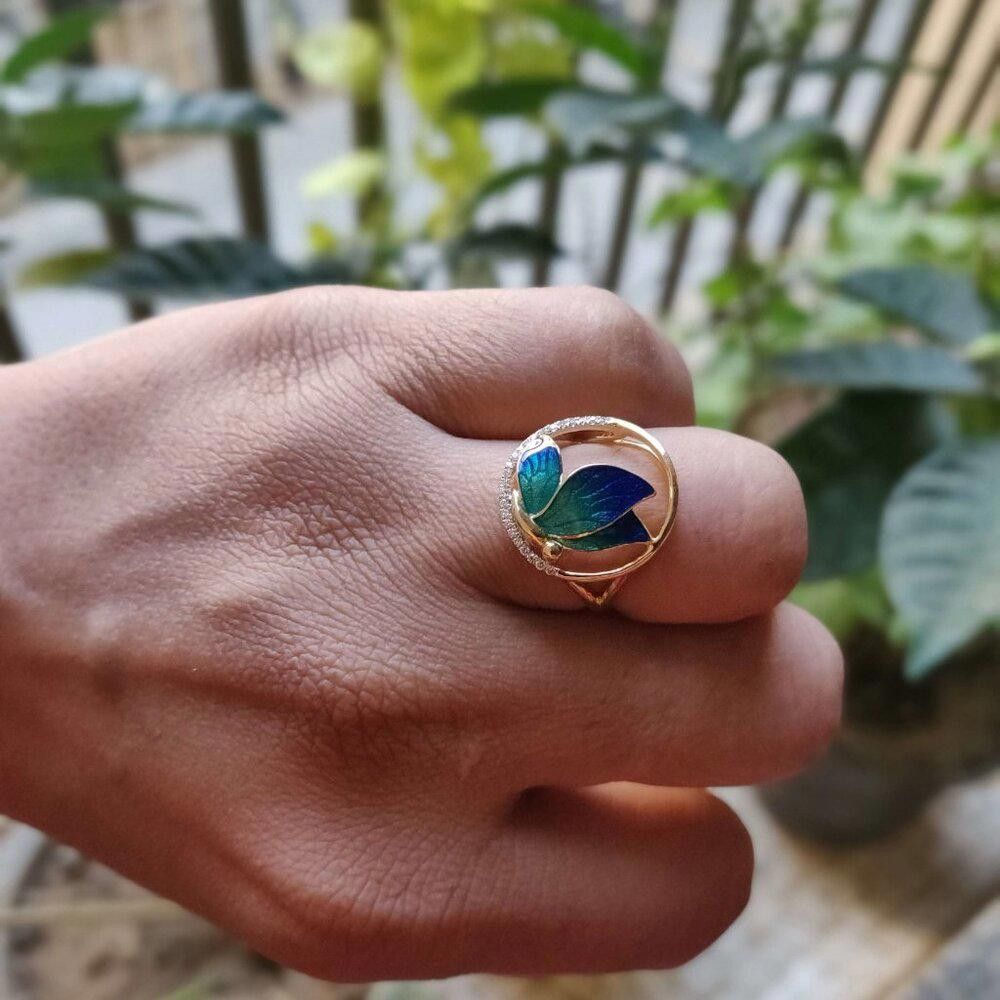 Designer Handmade Blue Epoxy Butterfly Gold Enamel Ring - Size 7 Size ONE SIZE - 6 Thumbnail
