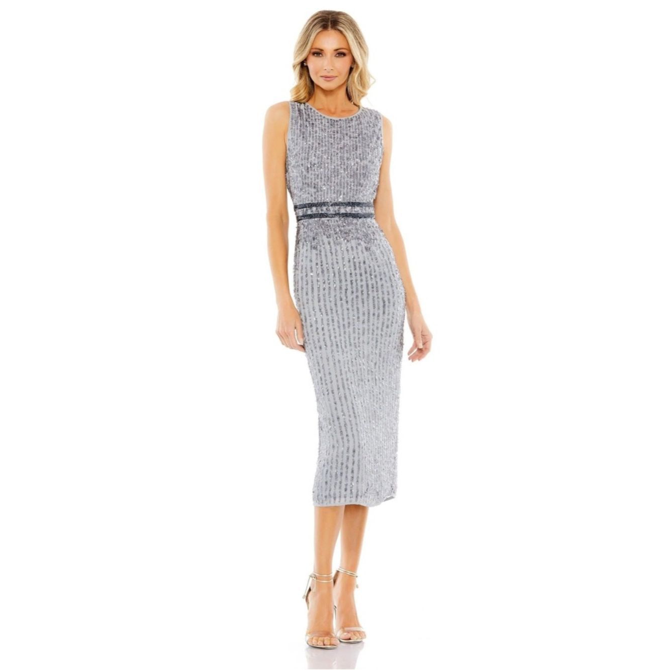 Mac Duggal Mac Duggal 10509 Beaded Sequin Midi Dress Silver Gray Sleev Size S / US 4 / IT 40 - 1 Thumbnail