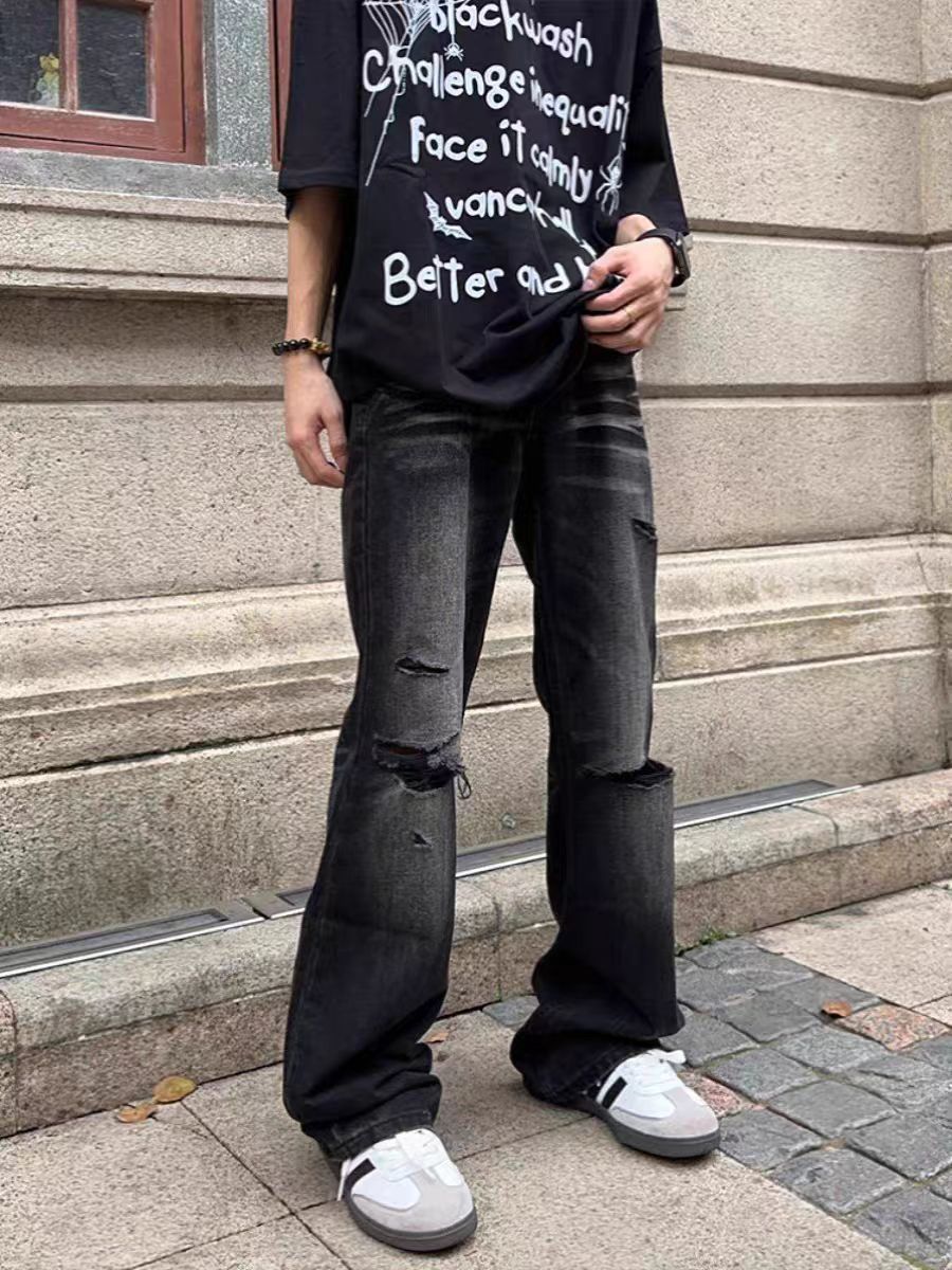 Washed black ripped baggy micro flare jeans