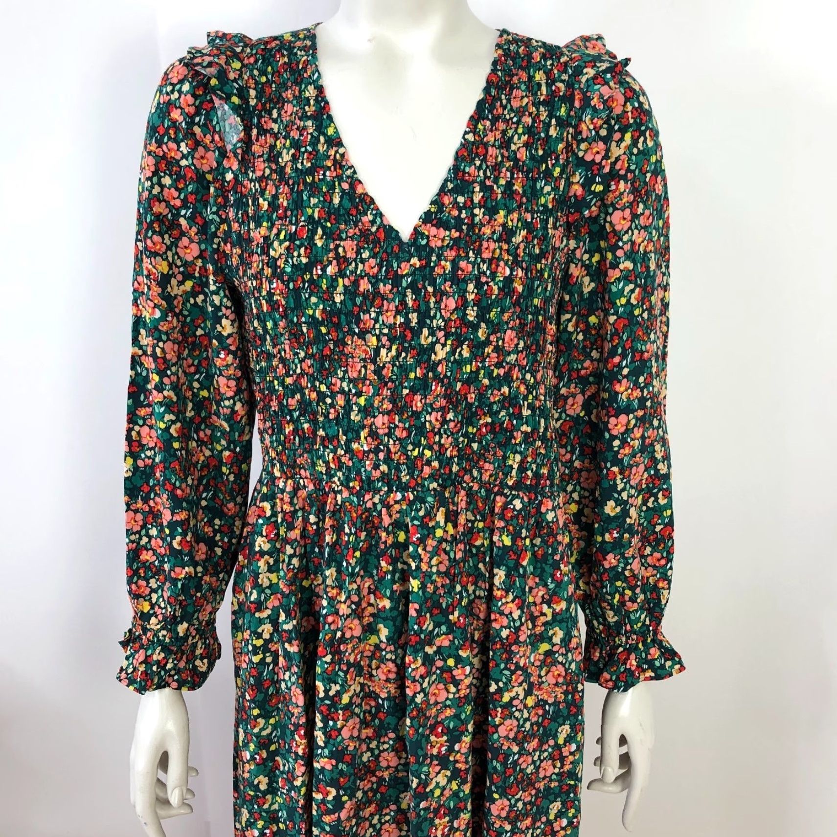 J.Crew Factory XS V-Neck Smocked Midi Dress All Over Print GREEN BK526 MINT