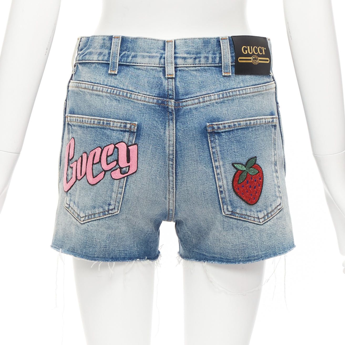 Gucci GUCCI pink logo graffiti red strawberry patch blue denim cut off shorts 22" Size 25" / US 0 / IT 36 - 1 Thumbnail