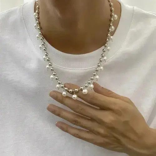 Jewelry Simple Bead Chain Hanging Pearl Necklace in Silver, Men's