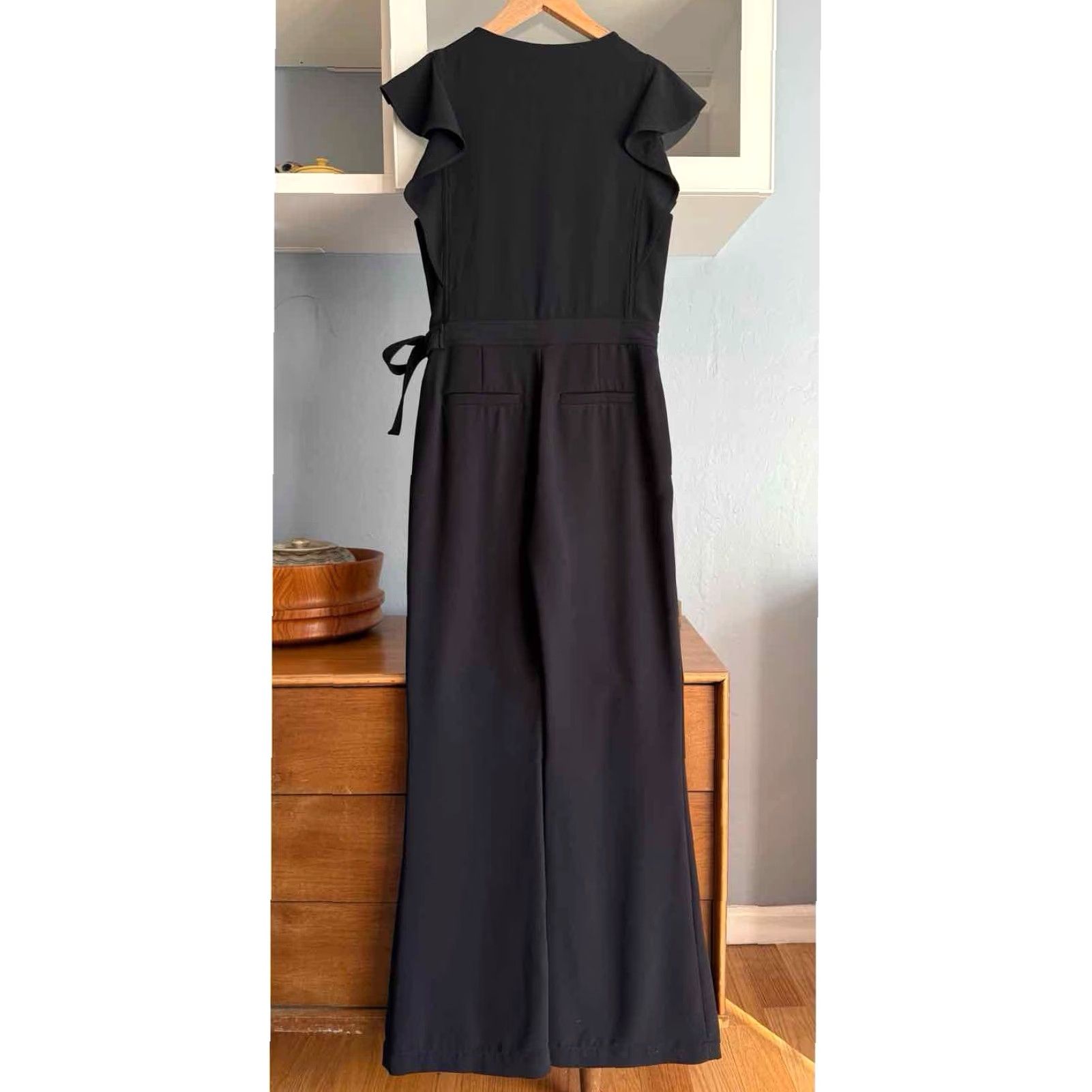 Vintage A.L.C. Wilder Jumpsuit Black Wrap Front Tie Waist Wide Leg Size 8 Ruffle Sleeves Party Cocktail Womens Size 30" / US 8 / IT 44 - 5 Thumbnail