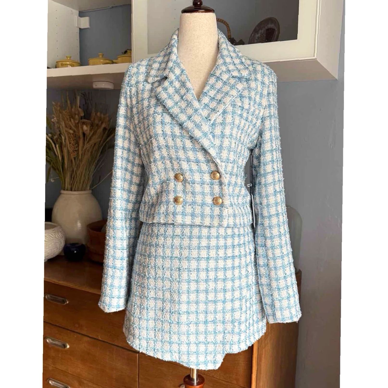 Jason Wu Jason Wu Tweed Plaid Cropped Blazer & Skort Set Suit Blue White Size 6 Multicolor Womens Short Sleeve Jacket Skirt 2 Piece Size M / US 6-8 / IT 42-44 - 2 Thumbnail