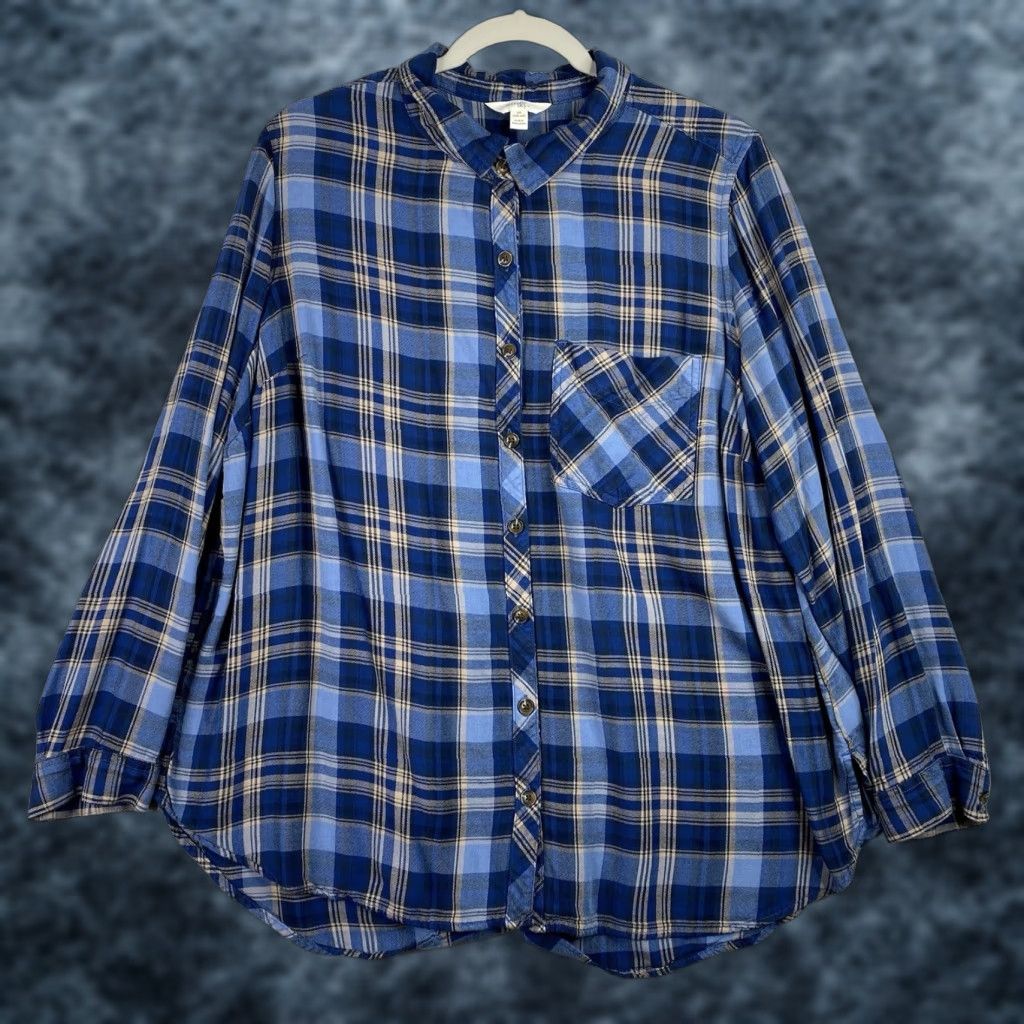 Vintage Terra & Sky Shirt Womens 1X 16W Blue Plaid Long Sleeves Lightweight Button Up Size XL / US 12-14 / IT 48-50 - 1 Thumbnail