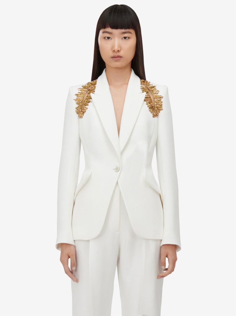 Alexander McQueen o1srvl11e0326 Peak Shoulder Leaf Crepe Jacket in Ivory Size M / US 6-8 / IT 42-44 - 5 Thumbnail