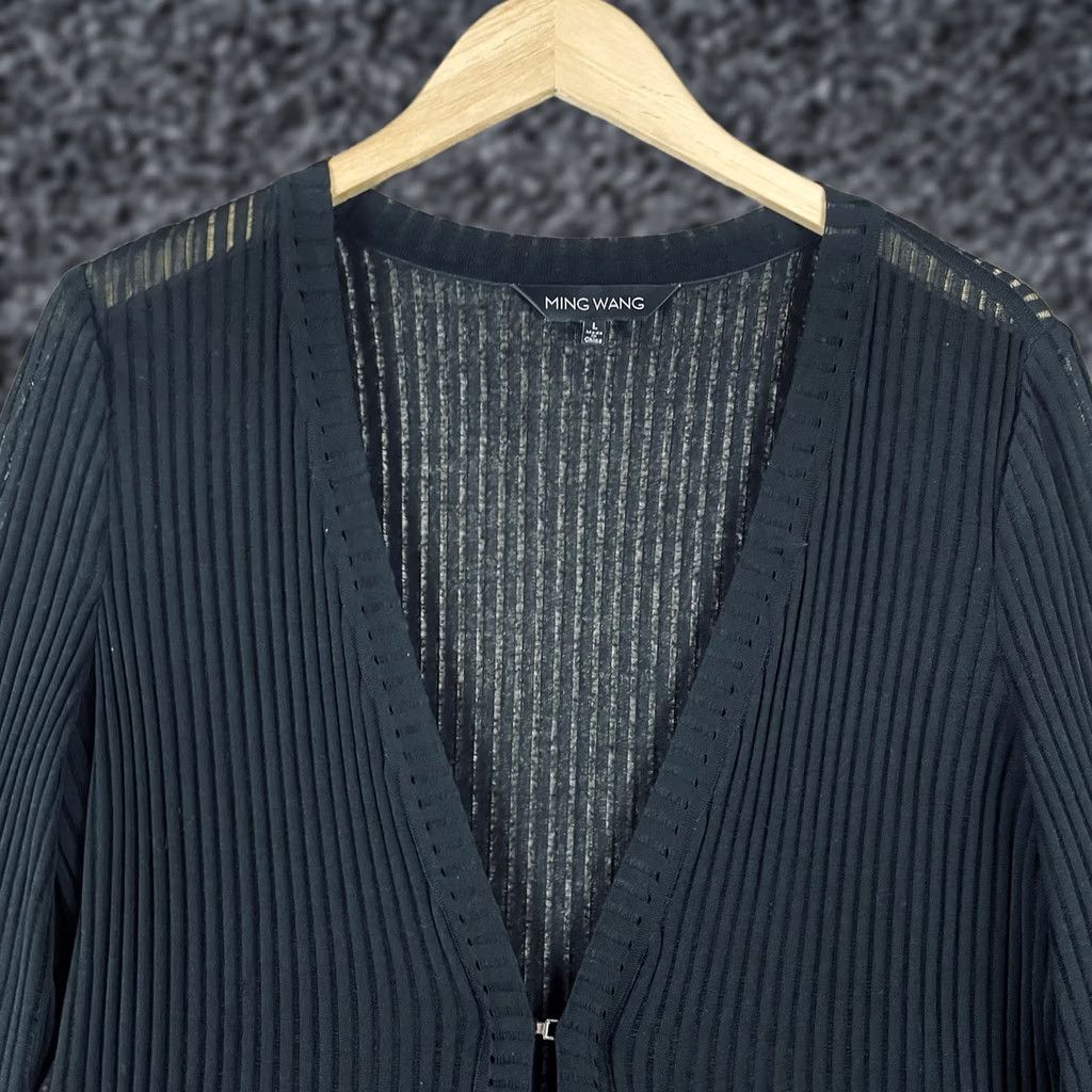 Vintage Ming Wang Cardigan Jacket Women L Ribbed Sheer Black Knit Longline T374 Knit Cardigan Ribbed Open Collarless Long Sleeve Round Neck Black Woman Large Size L / US 10 / IT 46 - 1 Thumbnail
