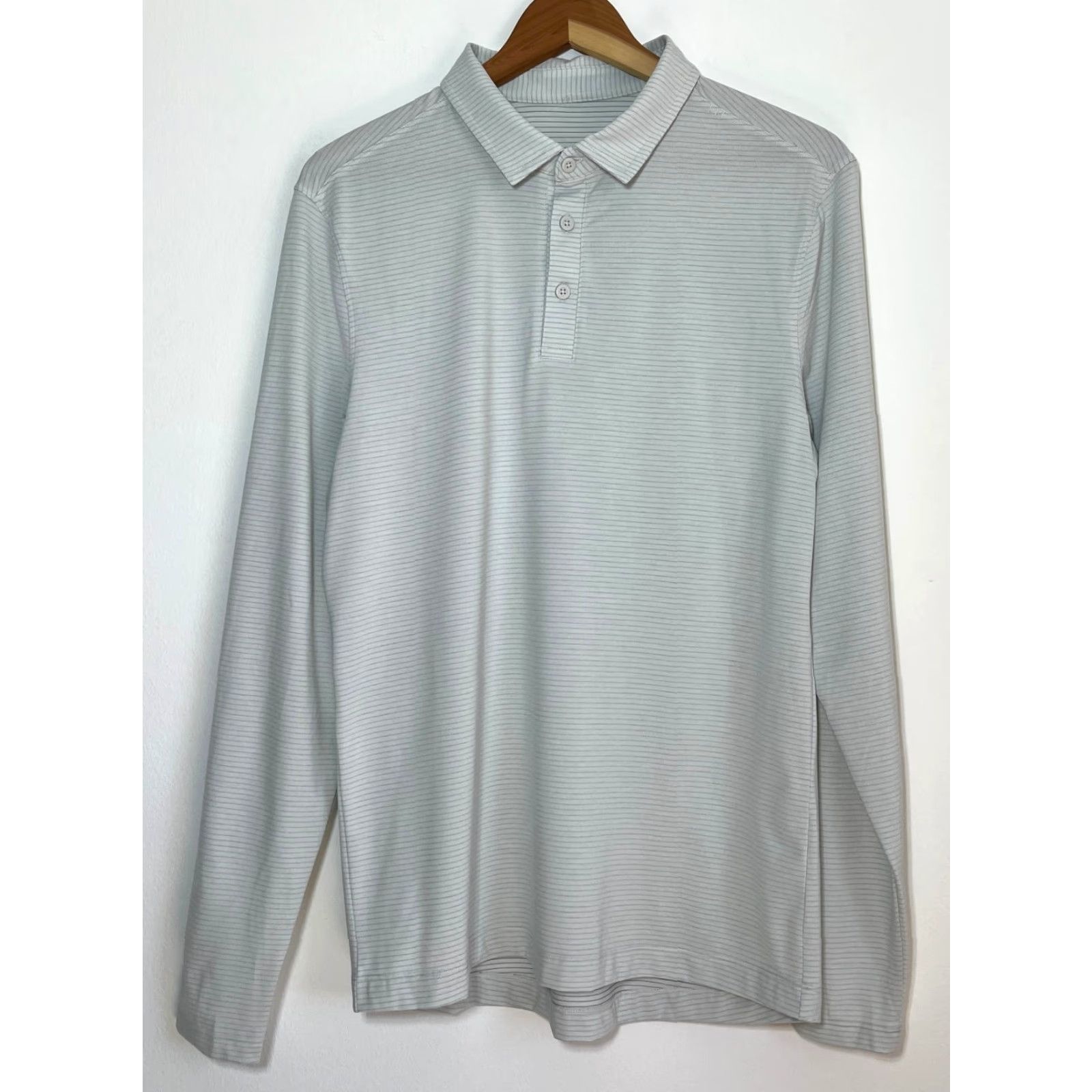 Lululemon Men\'s Long Sleeve Polo Shirt Striped Sz M Light Green Logo