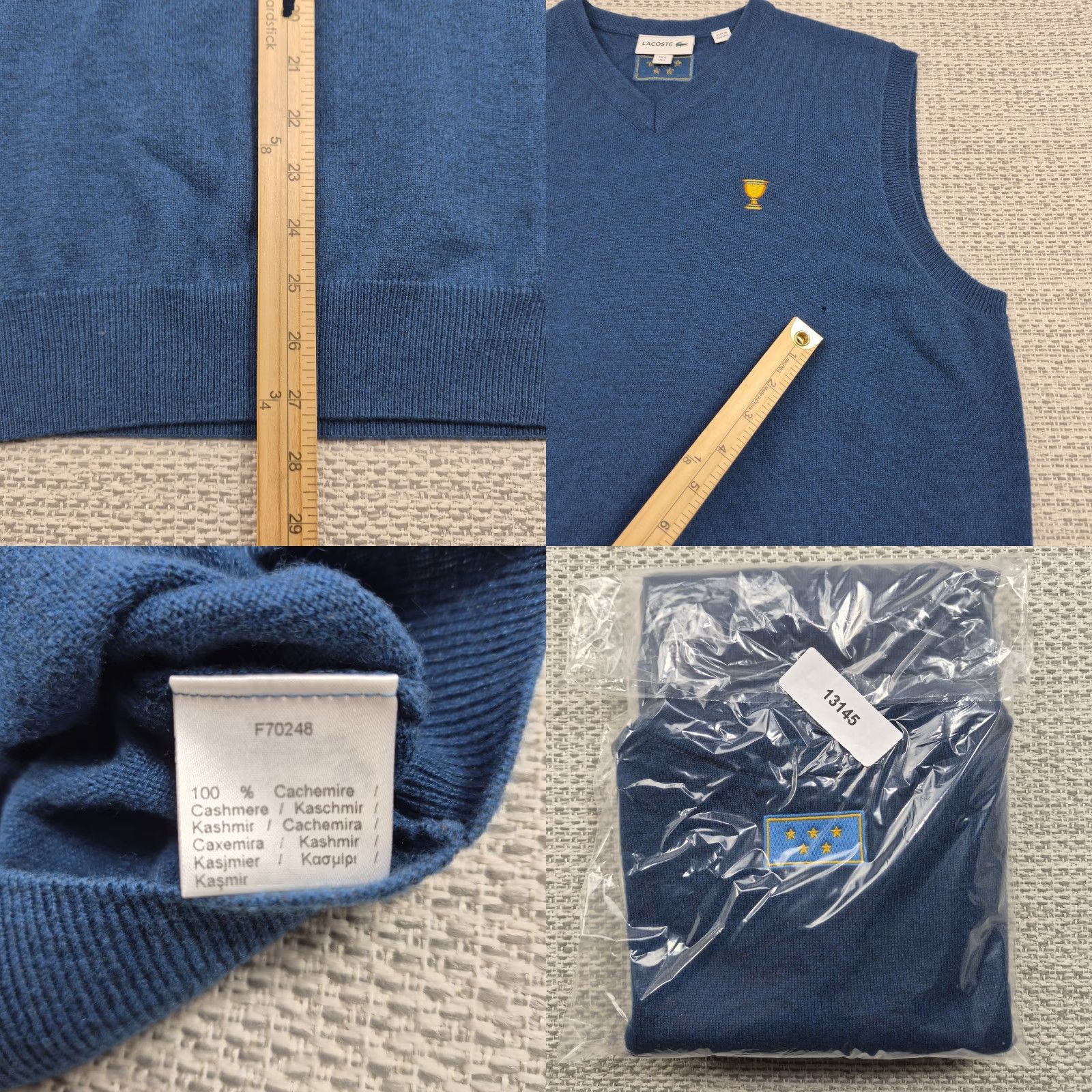 Lacoste Lacoste Mens Large Blue 100% Cashmere V-Neck Sleeveless Trophy Cup Embroidered Vest, Golf/Tennis, Classic Fit, Casual Sportswear Size US L / EU 52-54 / 3 - 8 Thumbnail
