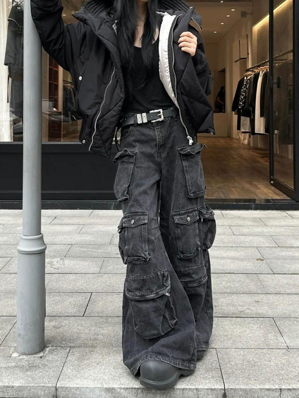 Jean Black Baggy Distressed Cargo Jeans, Wide Leg Pants Size US 28 / EU 44 - 3 Thumbnail