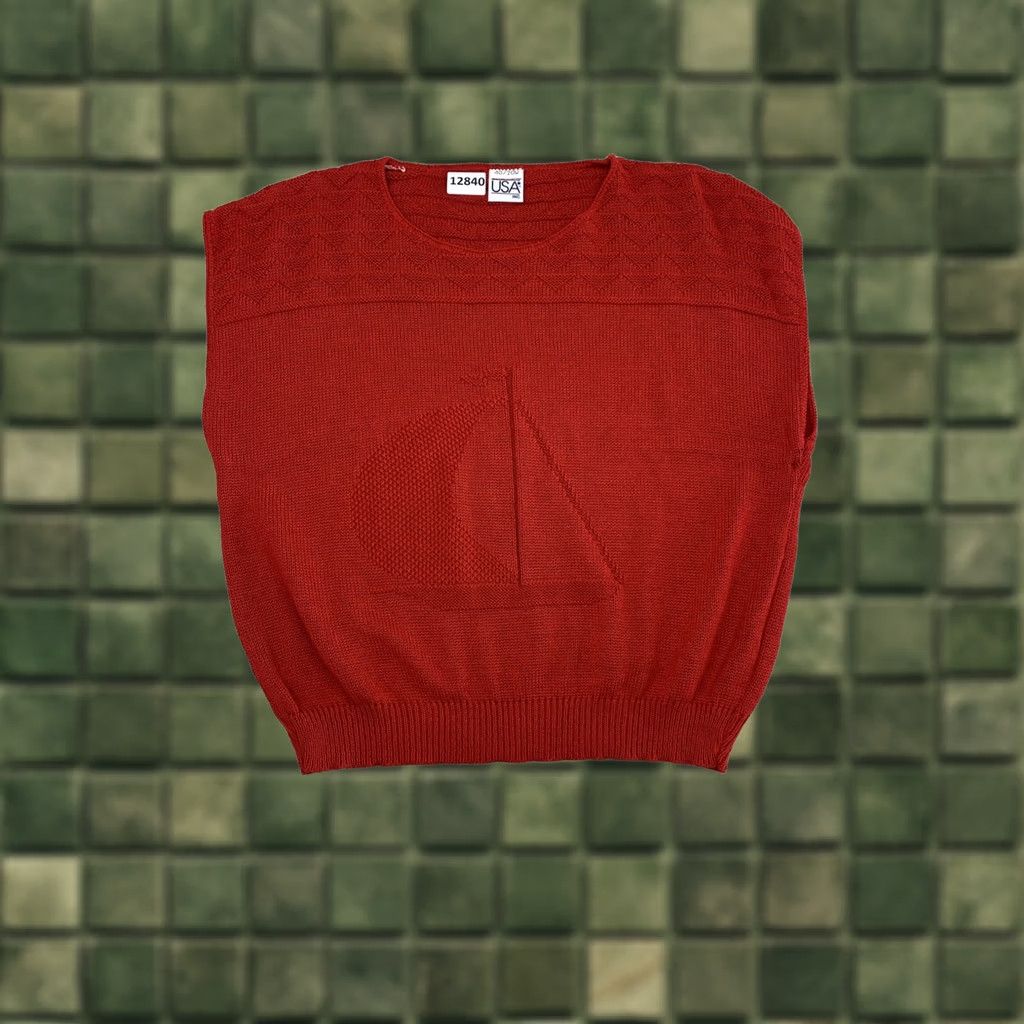 Nautica VINTAGE Sweaters USA Inc. Red Sailboat Knit Top Nautical Casual Sleeveless Round Neck Pullover 90s Women L Red Knit 80s-90s NWT Size L / US 10 / IT 46 - 1 Thumbnail