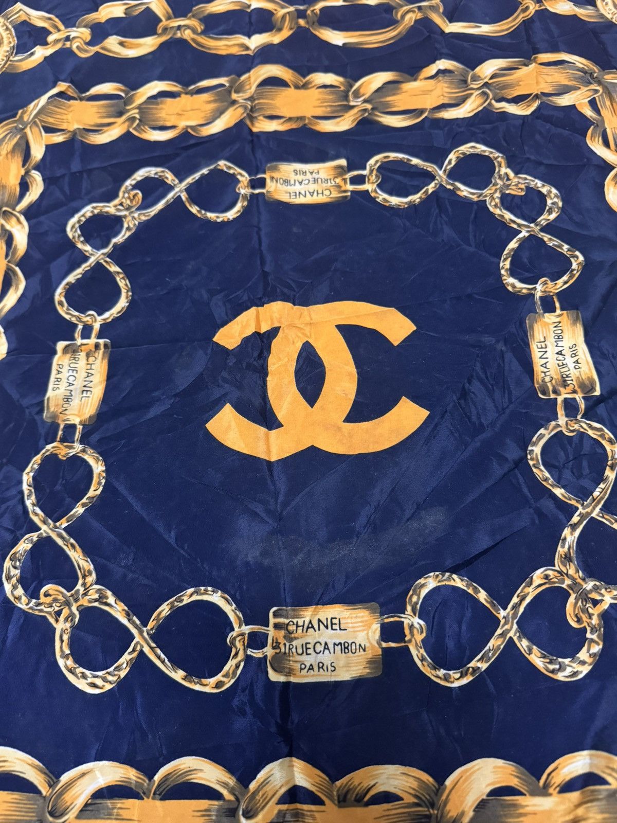 Chanel Authentic CHANEL navy gold slik scarf Size 34 - 10 Thumbnail