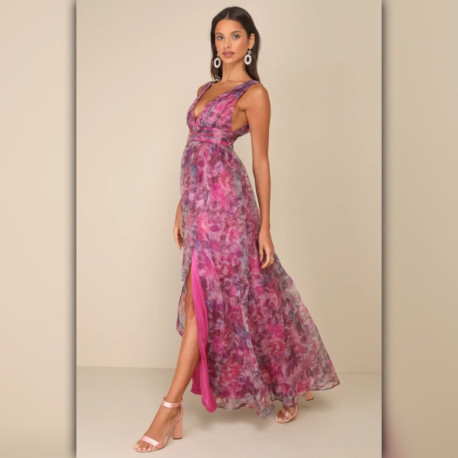 Other • A065 • (L) NWT Lulus Magenta Floral Organza Maxi Dress Size L / US 10 / IT 46 - 3 Thumbnail