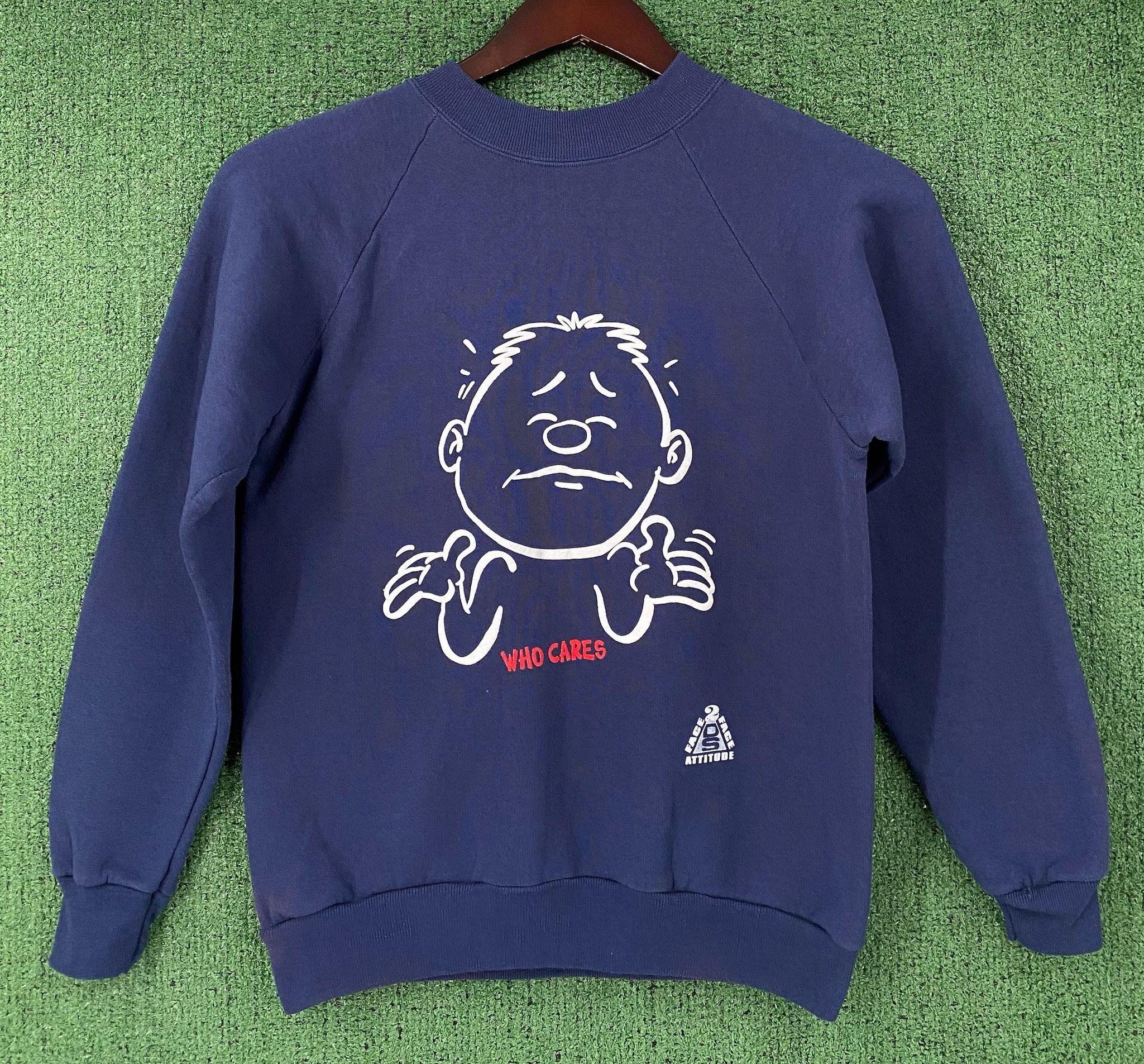 Hanes 90’s Attitude Humor Who Cares Cartoon Navy Sweatshirt Small Size S / US 4 / IT 40 - 1 Thumbnail
