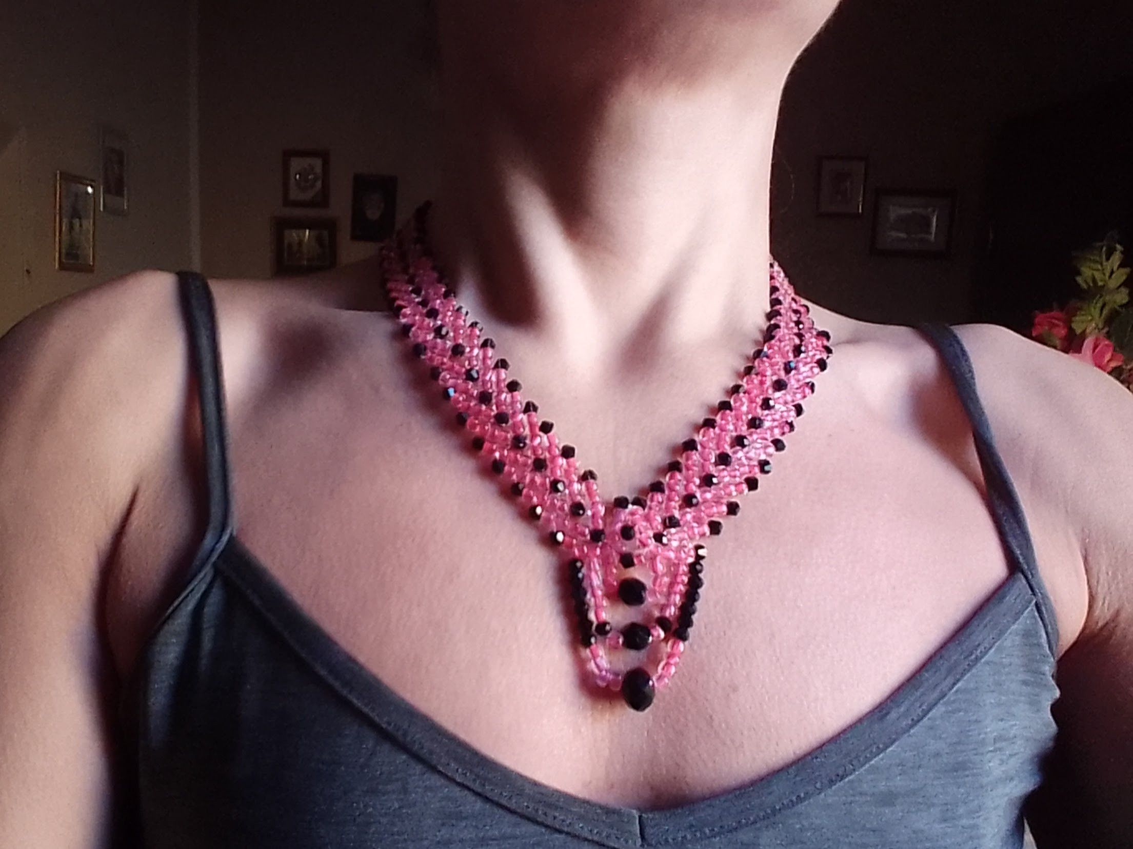 Handmade Necklace Braided Pink Black Earrings Crystals Elegant Size ONE SIZE - 6 Thumbnail