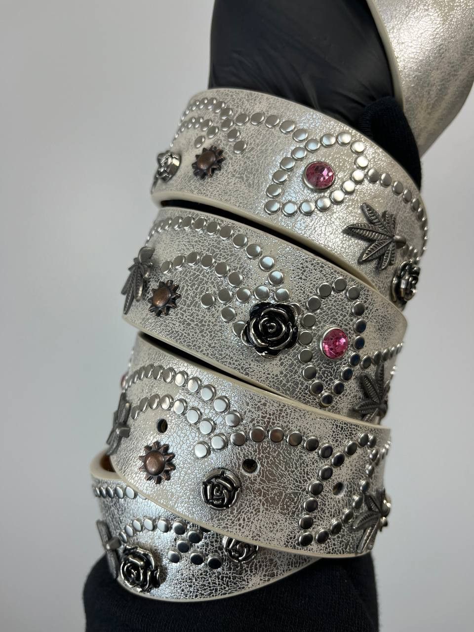 Other Vintage Studded Leather Belt Western Biker Floral Rhinestone Size ONE SIZE - 2 Thumbnail