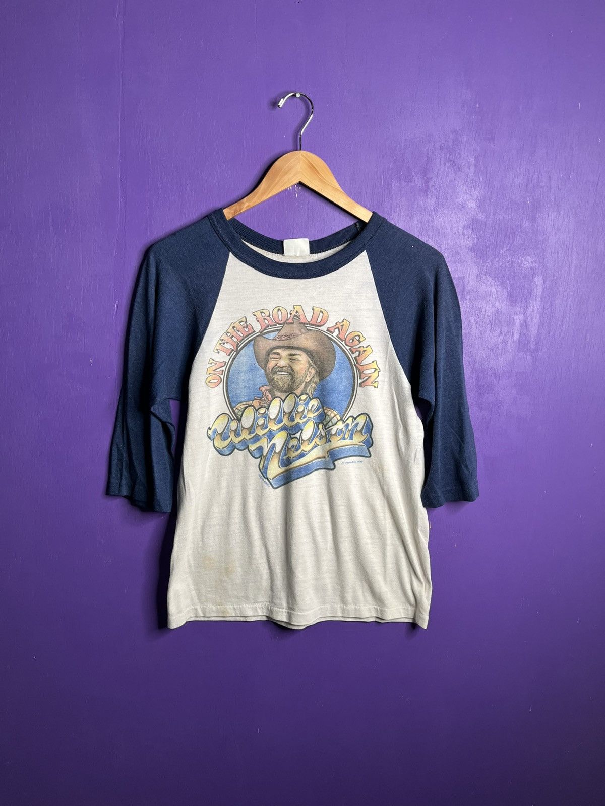 Vintage 1980 Willie Nelson on the road again ringer t-shirt