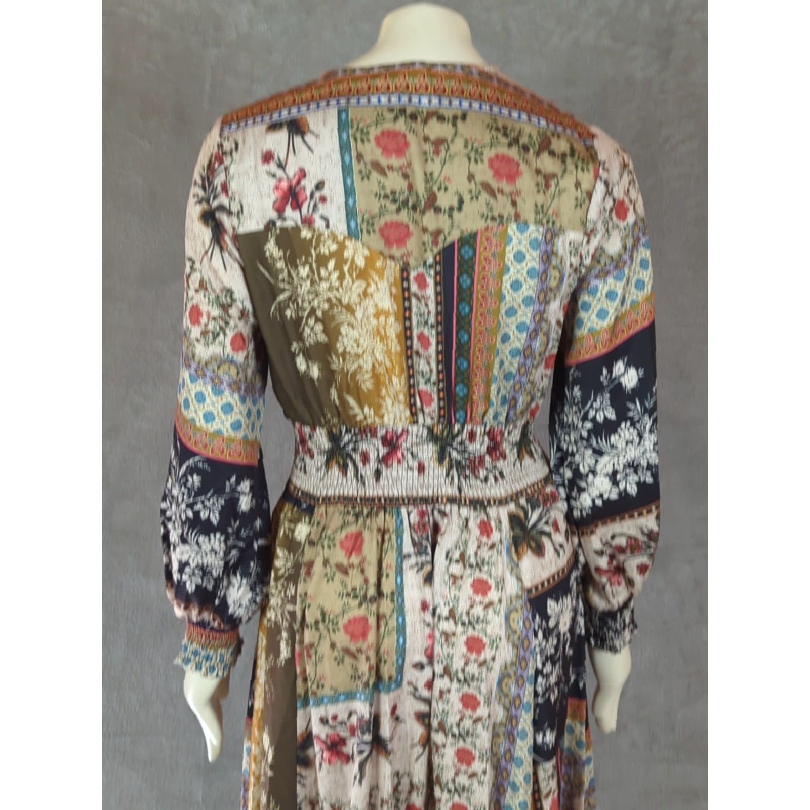Halo Talisman Halo Maxi Boho Long Sleeve Dress S Button Front V-Neck Multicolor Patchwork Puff Sleeve Fruits? (Note: placeholder) Size S / US 4 / IT 40 - 6 Thumbnail